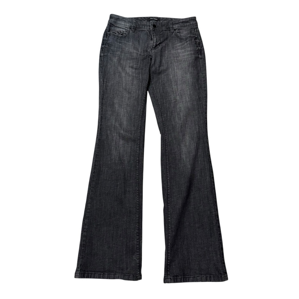 White House Black Market Faded Black Flare Jeans Size 6R Long Inseam 34”